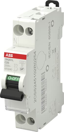 ABB SN201 MCB, 1+N, 25A Curve C, 230V AC, 4.5 kA Breaking Capacity