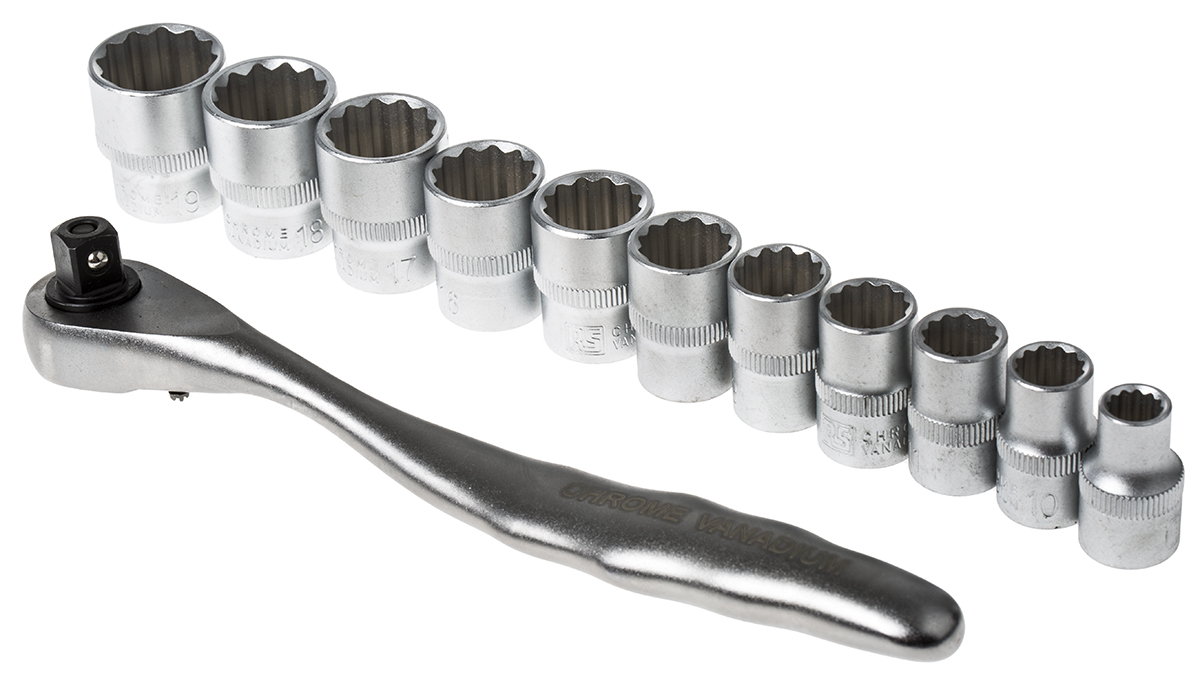RS PRO 12-Piece Metric 3/8 in Standard Socket Set with Ratchet, 12 point