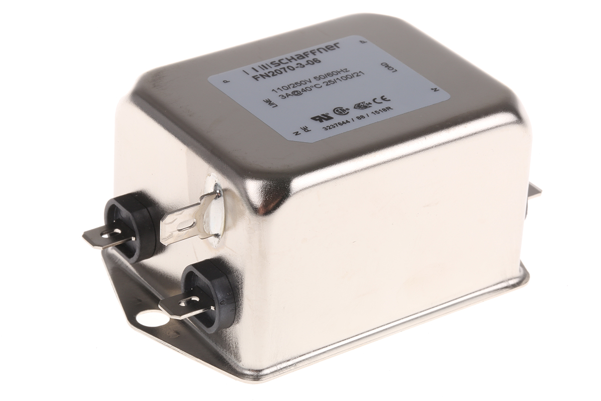 Schaffner, FN2070 3A 250 V ac/dc 400Hz, Chassis Mount EMI Filter, Fast-On, Single Phase