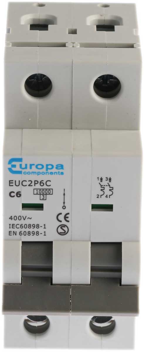 Europa EUC2P EUC MCB, 2P, 6A Curve C, 230V AC, 10 kA Breaking Capacity