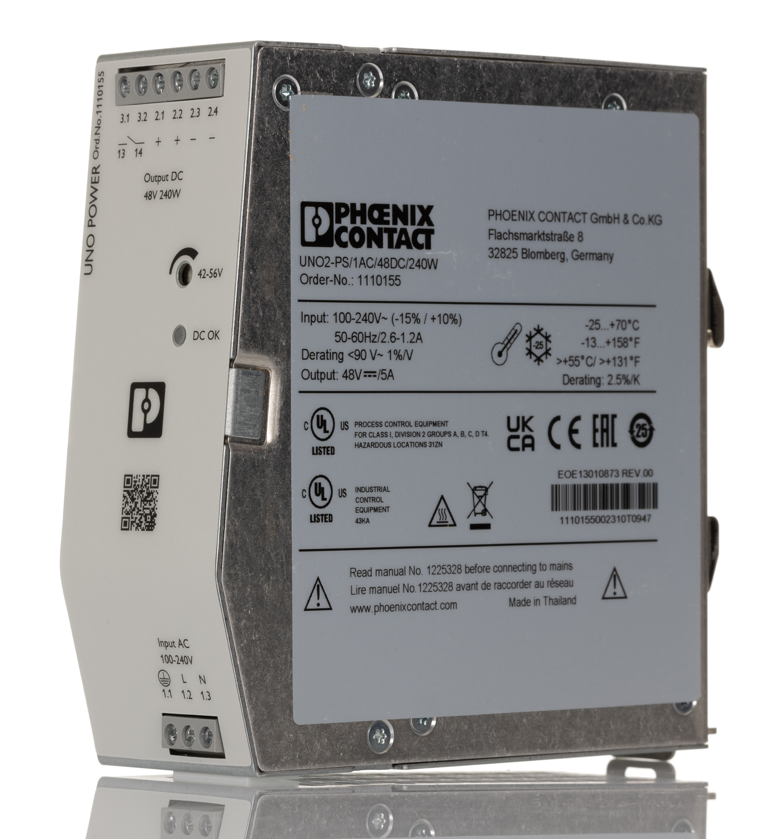 Phoenix Contact UNO POWER Switched Mode DIN Rail Power Supply, 100 → 240V ac ac Input, 48V dc dc Output, 5A