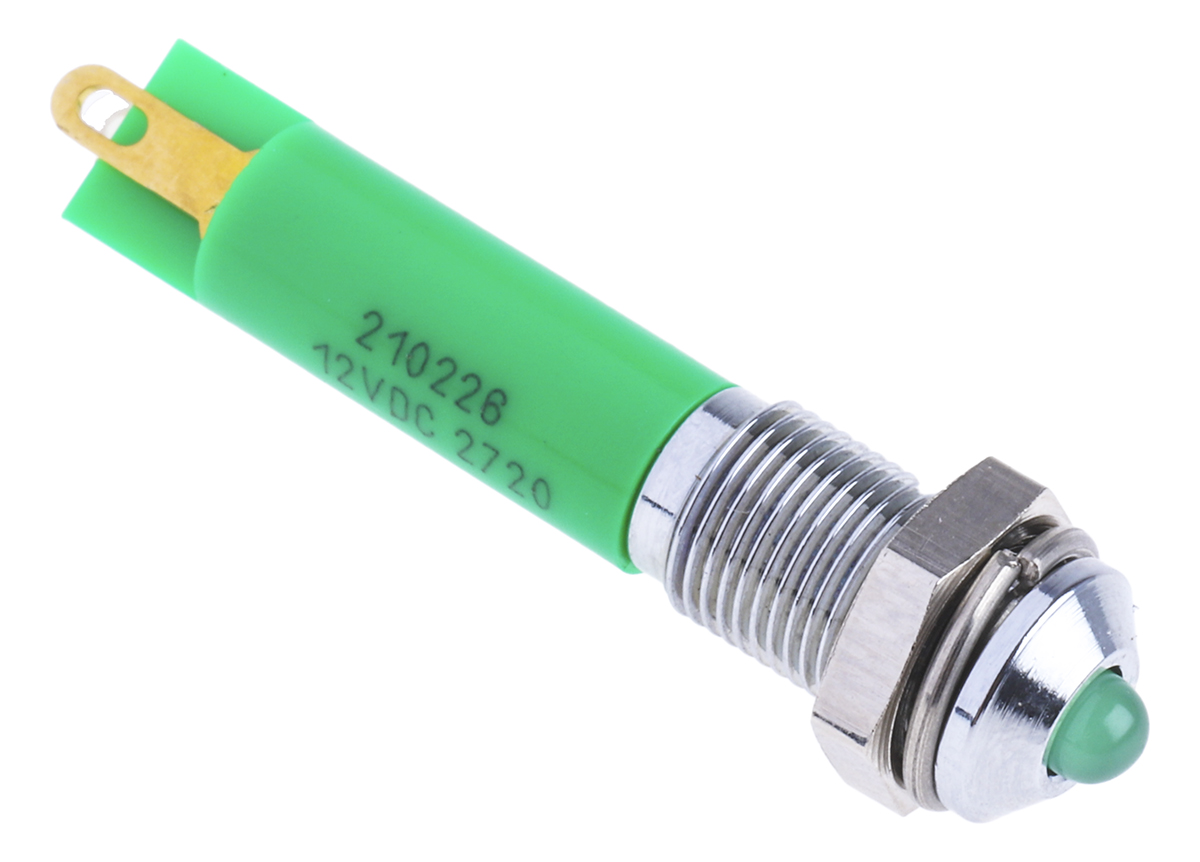 RS PRO Green Panel Mount Indicator, 12V dc, 6mm Mounting Hole Size, Solder Tab Termination