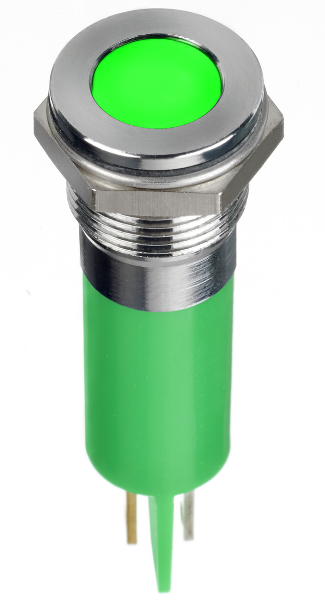 RS PRO Green Panel Mount Indicator, 2V dc, 14mm Mounting Hole Size, Faston, Solder Lug Termination, IP67