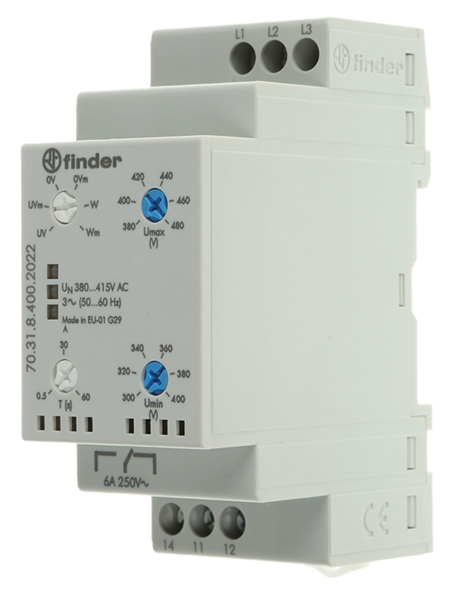 Finder Voltage Monitoring Relay, 3 Phase, SPDT, 300 → 480V ac