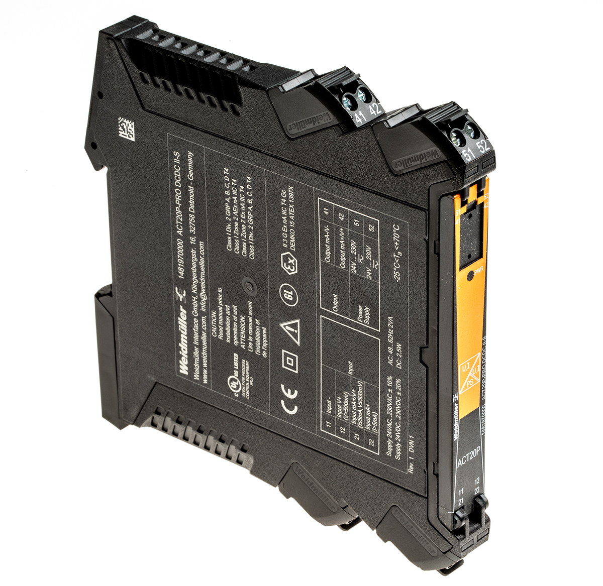 Weidmuller ACT20P Series Signal Conditioner, Current, Voltage Input, Current Output, 230V ac Supply, ATEX