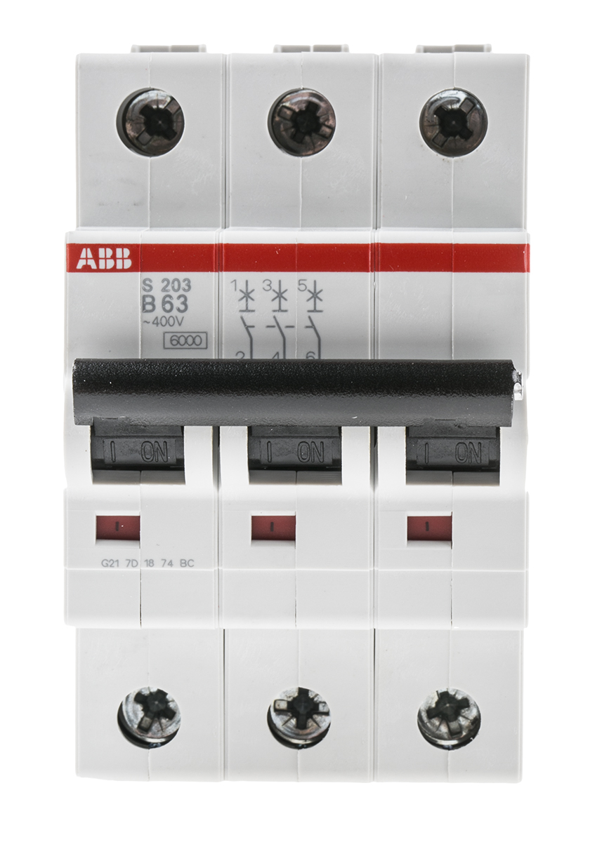 ABB System Pro M Compact S200 MCB, 3P, 63A Curve B, 400V AC, 10 kA Breaking Capacity