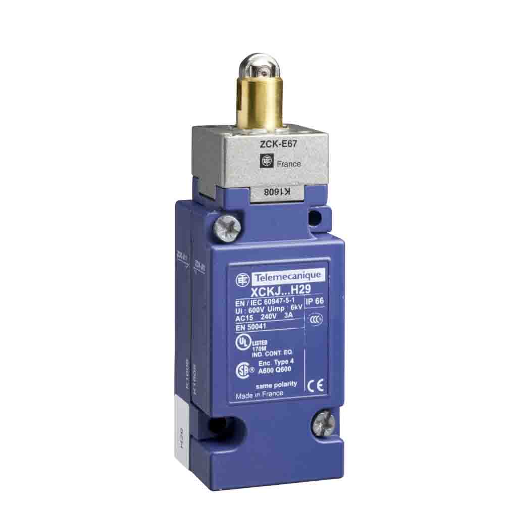 Telemecanique Sensors XCKJ Series Roller Plunger Limit Switch, 1CO, IP66, SP, Zinc Alloy Housing, 500V ac Max, 10A Max