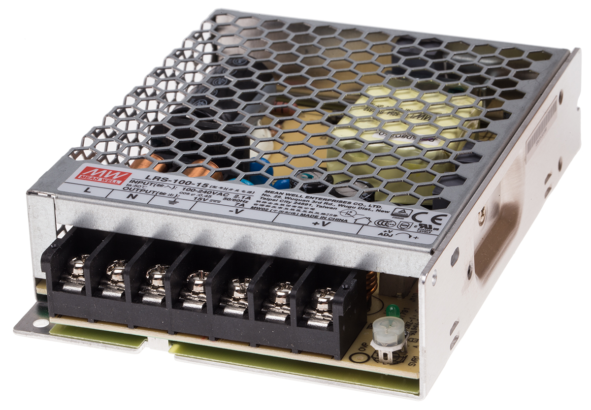 MEAN WELL Switching Power Supply, LRS-100-15, 15V dc, 7A, 105W, 1 Output, 120 → 373 V dc, 85 → 264 V ac