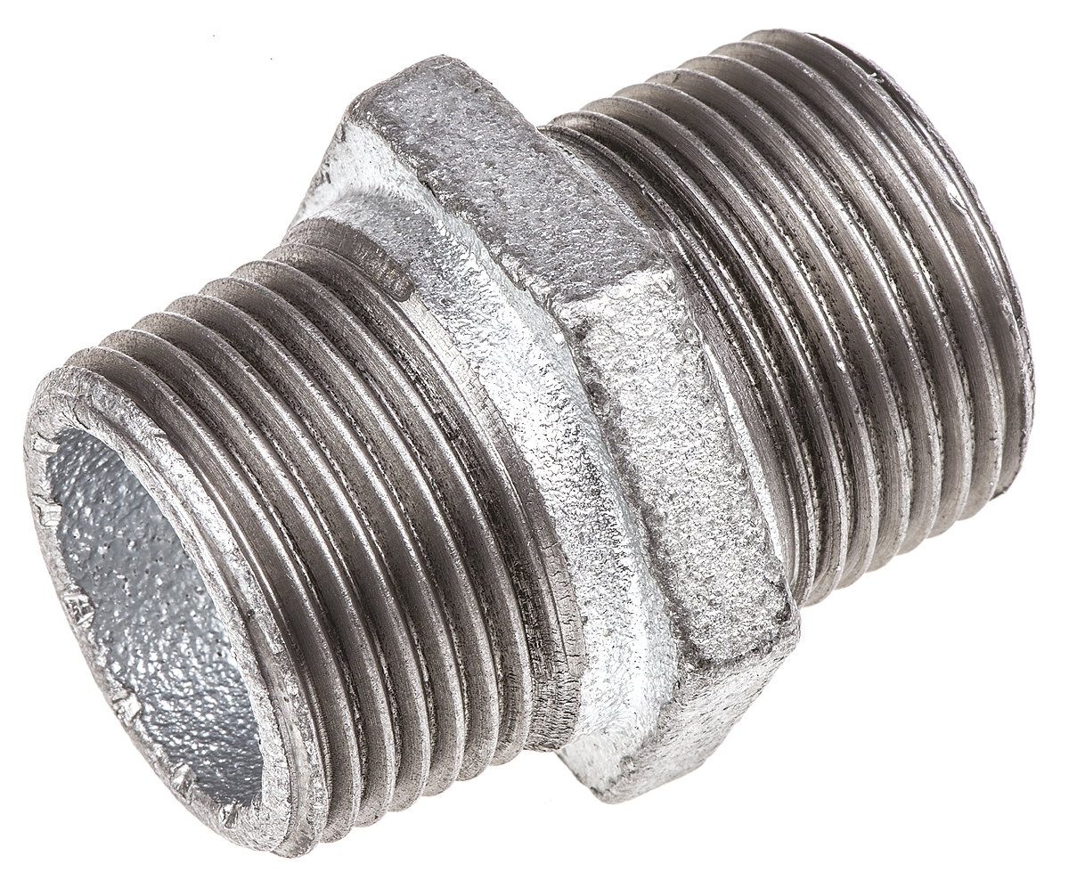 Georg Fischer Galvanised Malleable Iron Fitting Hexagon Nipple, Male BSPT 1in to Male BSPT 1in