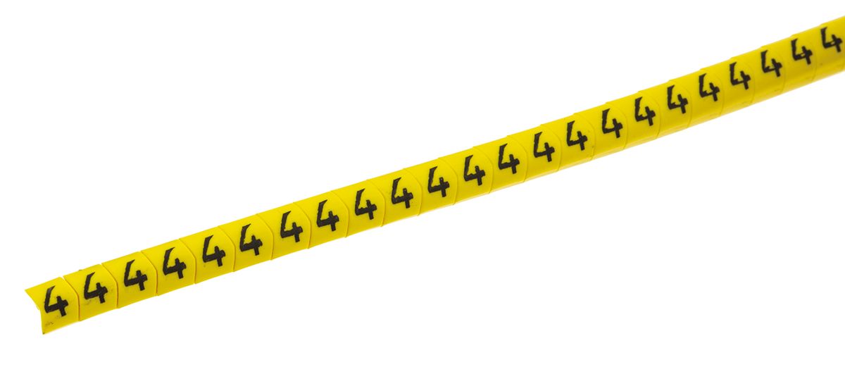 HellermannTyton Helagrip Slide On Cable Markers, Black on Yellow, Pre-printed "4", 2 → 5mm Cable, 515-03949