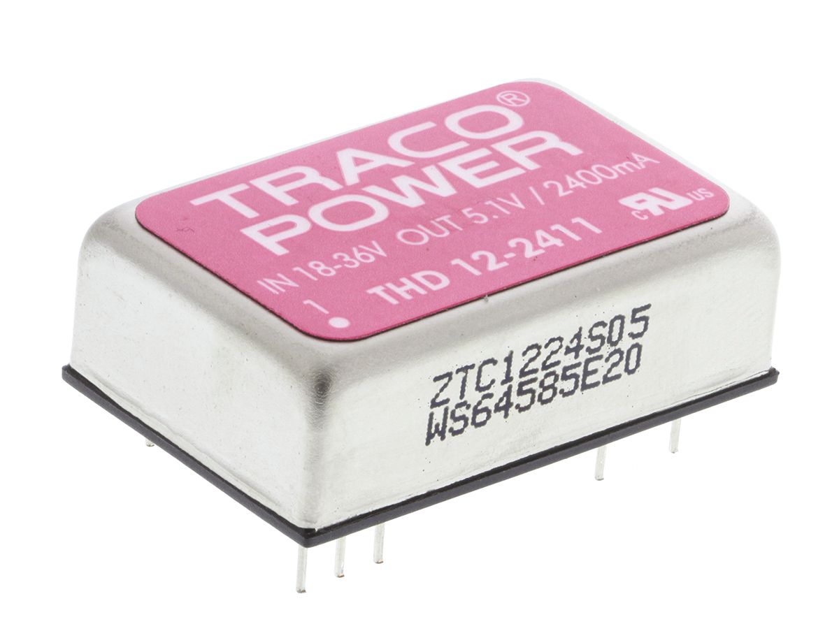 TRACOPOWER THD 12 DC-DC Converter, 5V dc/ 2.4A Output, 18 → 36 V dc Input, 12W, Through Hole, +85°C Max Temp