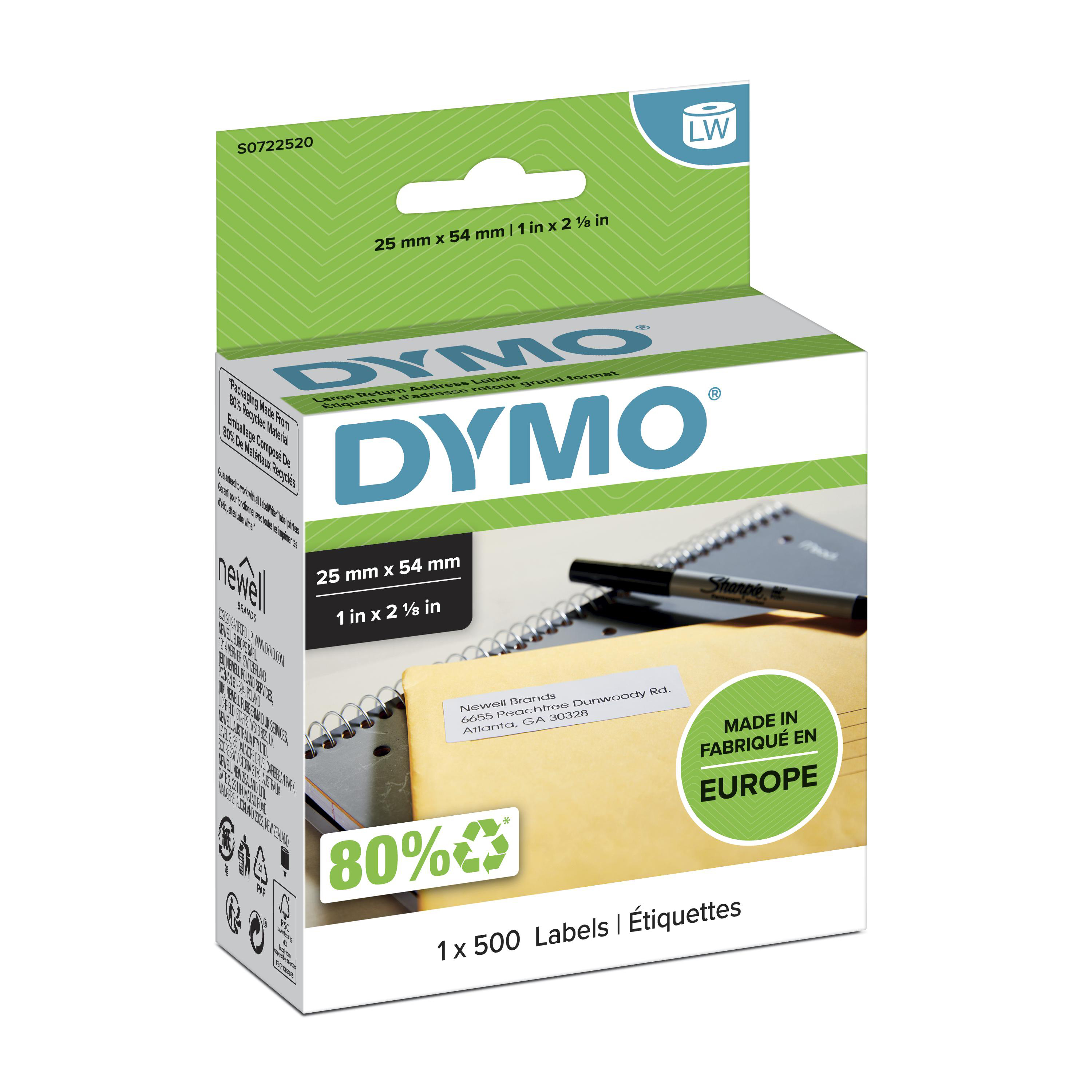 Dymo White Black Print Label Roll, 25mm Width, 54mm Height, 500Per Roll Qty