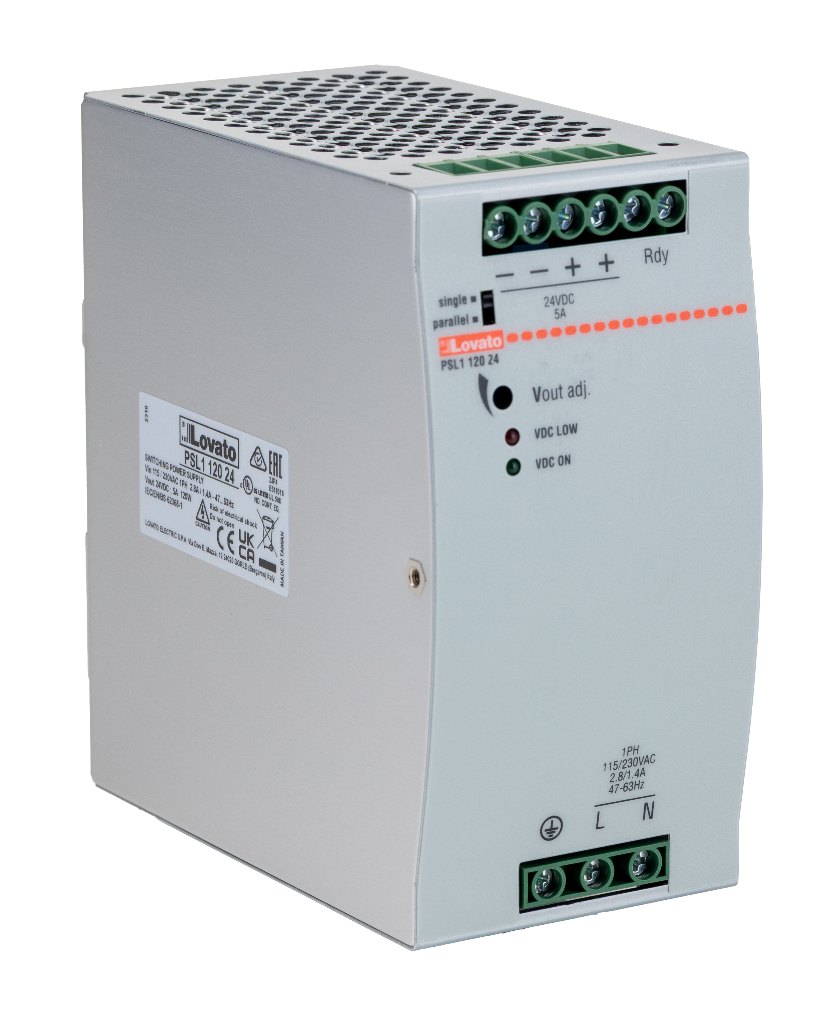 Lovato PSL Switched Mode DIN Rail Power Supply, 230V ac ac Input, 24V dc dc Output, 5A Output, 120W