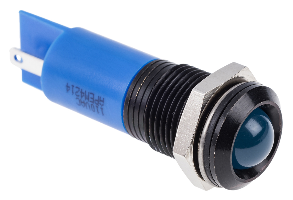 RS PRO Blue Panel Mount Indicator, 220V ac, 14mm Mounting Hole Size, Faston, Solder Lug Termination, IP67