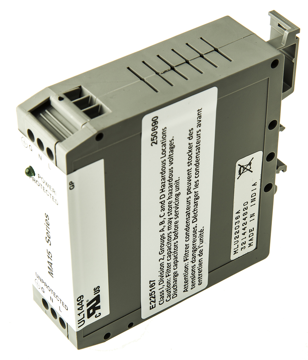 Eaton, MA15 Surge Suppressor Unit 240 V dc, 280 V dc Maximum Voltage Rating 12kA Maximum Surge Current 1 Phase