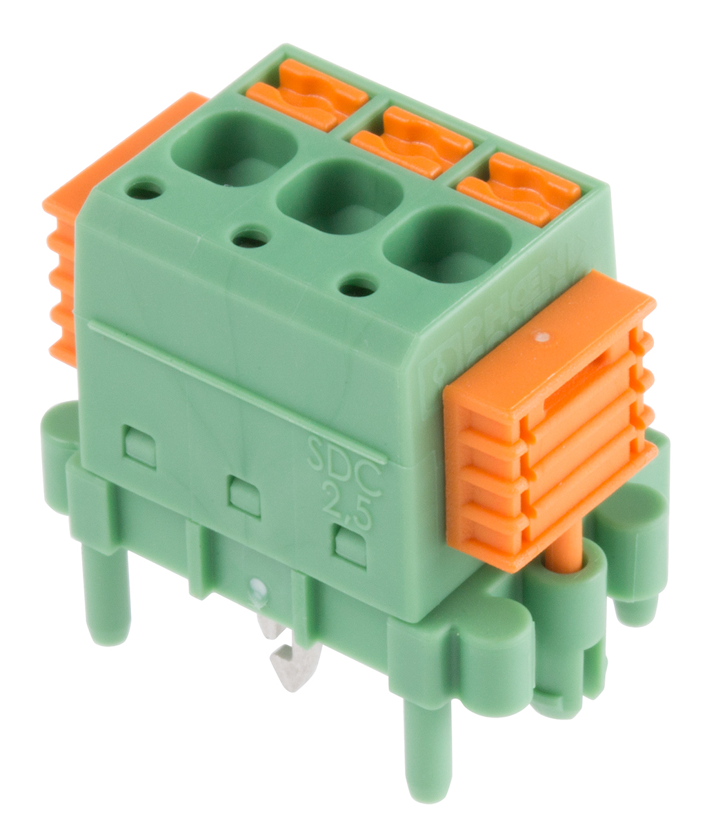 Phoenix Contact SDC 2.5/ 3-PV-5.0-ZB Series PCB Terminal Block, 3-Contact, 5mm Pitch, Through Hole Mount, 1-Row, Screw