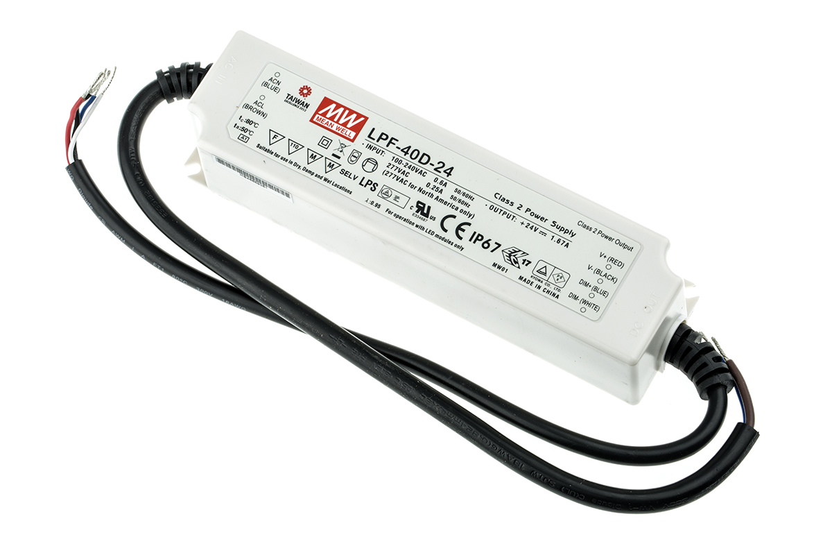 MEAN WELL LED Driver, 24V Output, 40.08W Output, 1.67A Output, Constant Voltage Dimmable