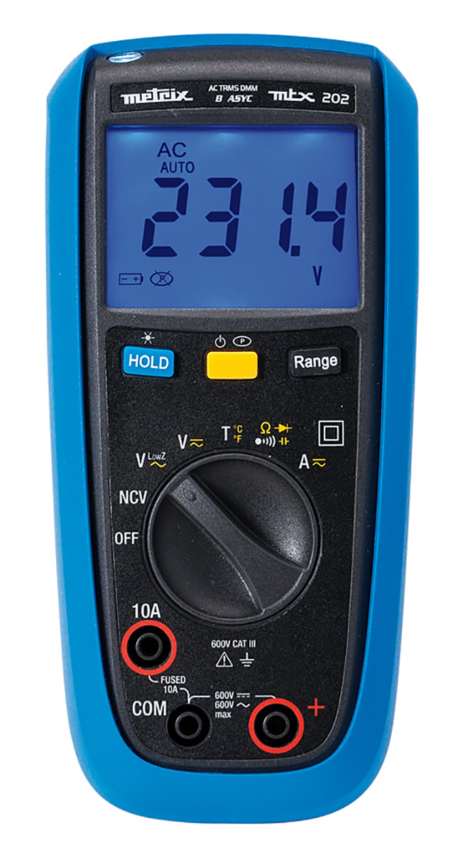 Metrix MTX202 Handheld Digital Multimeter, True RMS, 10A ac Max, 10A dc Max, 600V ac Max - RS Calibrated