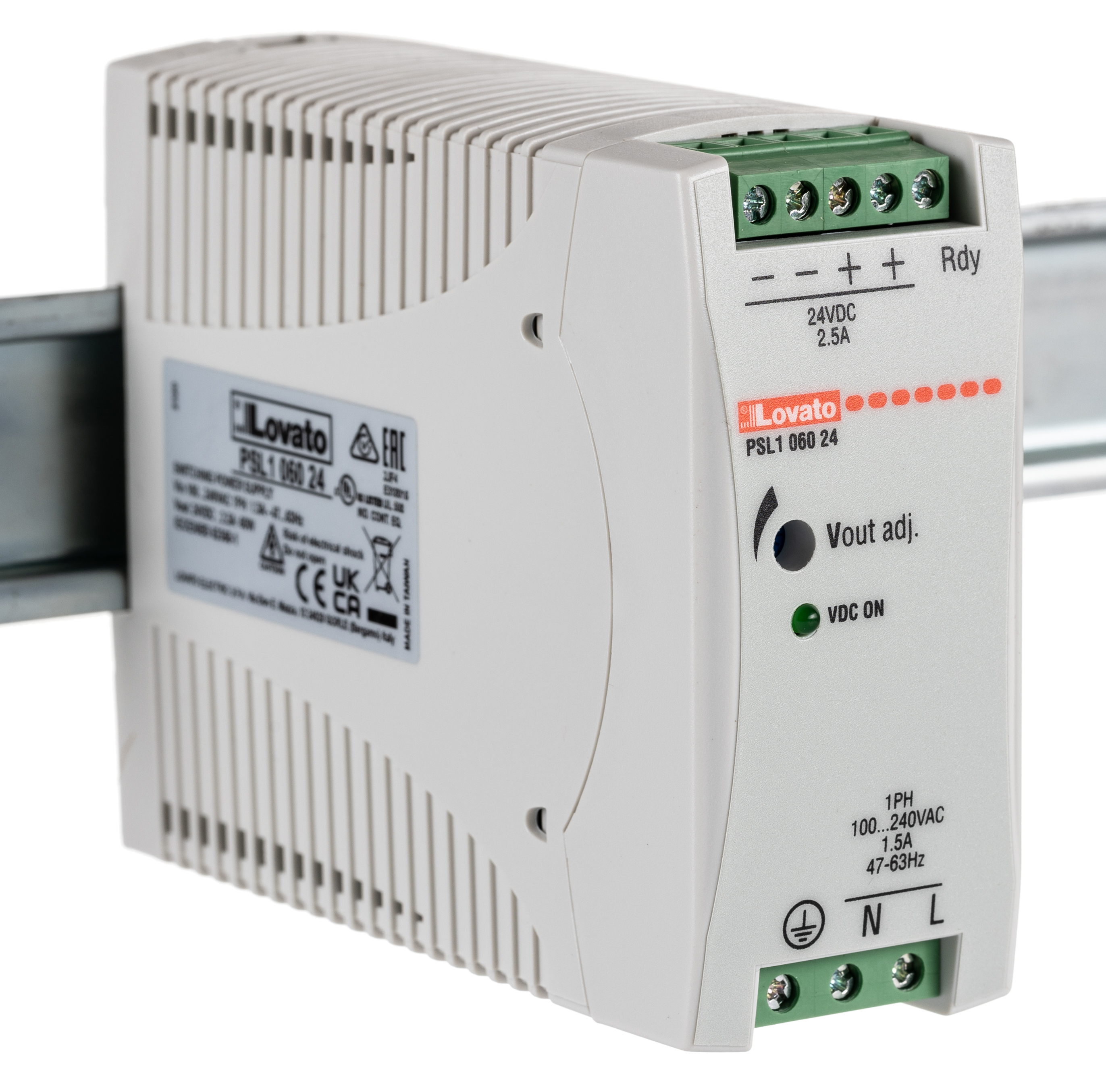 Lovato PSL Switched Mode DIN Rail Power Supply, 240V ac ac Input, 24V dc dc Output, 2.5A Output, 60W