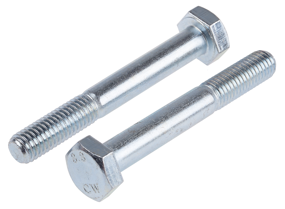 RS PRO Bright Zinc Plated Steel, Hex Bolt, M10 x 75mm