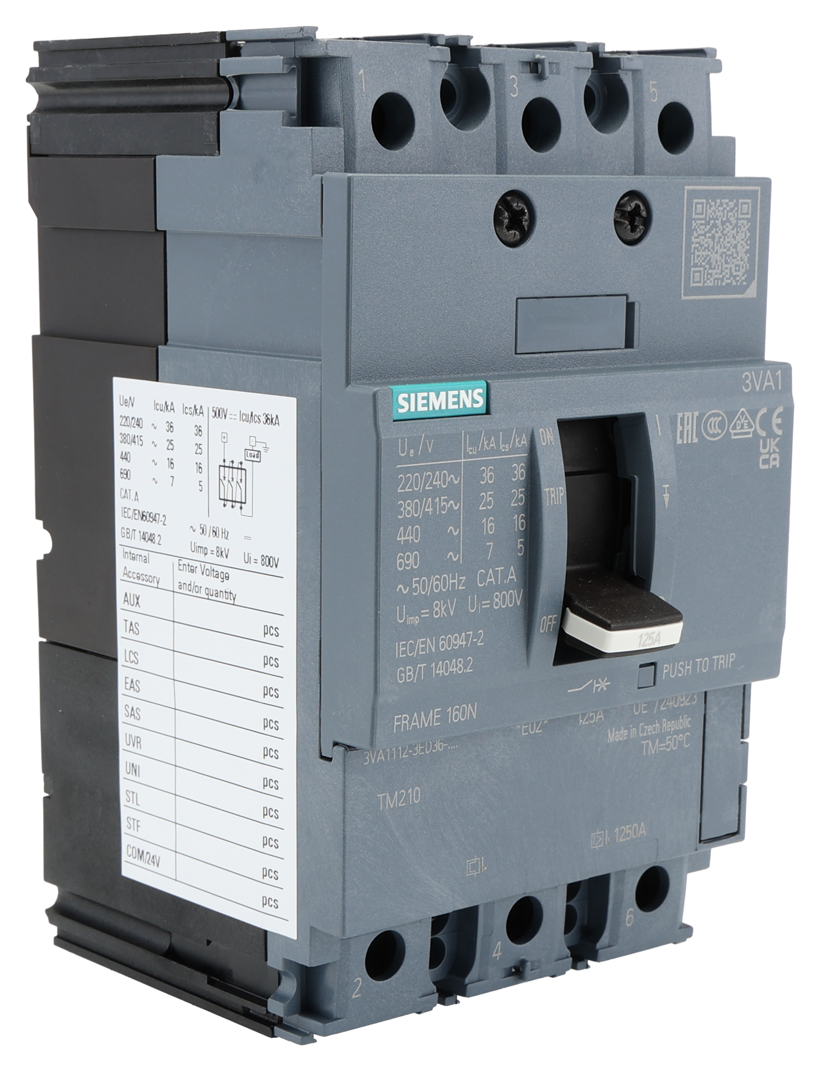 Siemens, SENTRON MCCB 3P 125A, Breaking Capacity 25 kA, Fixed Mount