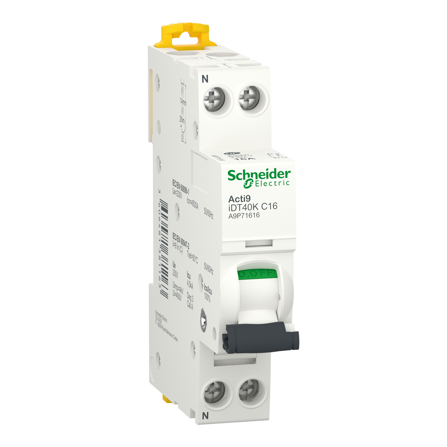 Schneider Electric Acti9 Acti9 iDT40K MCB, 1+N, 16A Curve C, 230V AC, 4.5 kA Breaking Capacity