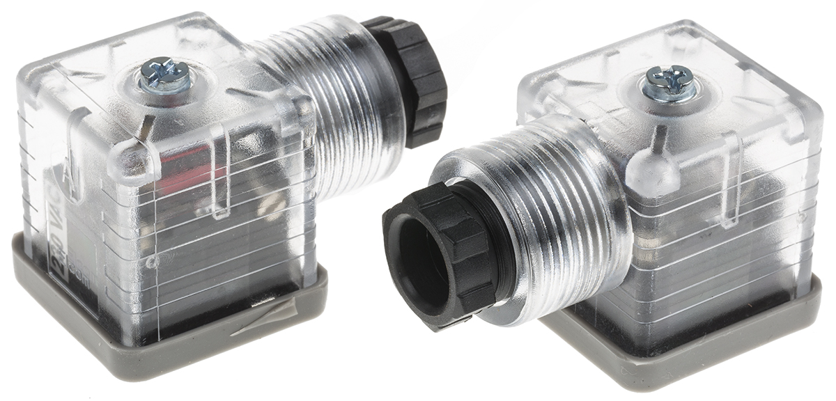 RS PRO 2P+E DIN 43650 A, Female Solenoid Valve Connector with Indicator Light, 250 V ac Voltage