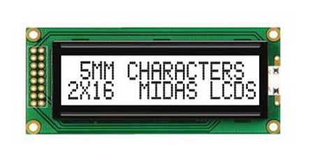 Midas MC21605B6W-FPTLW-V2 B Alphanumeric LCD Display White, 2 Rows by 16 Characters, Transflective