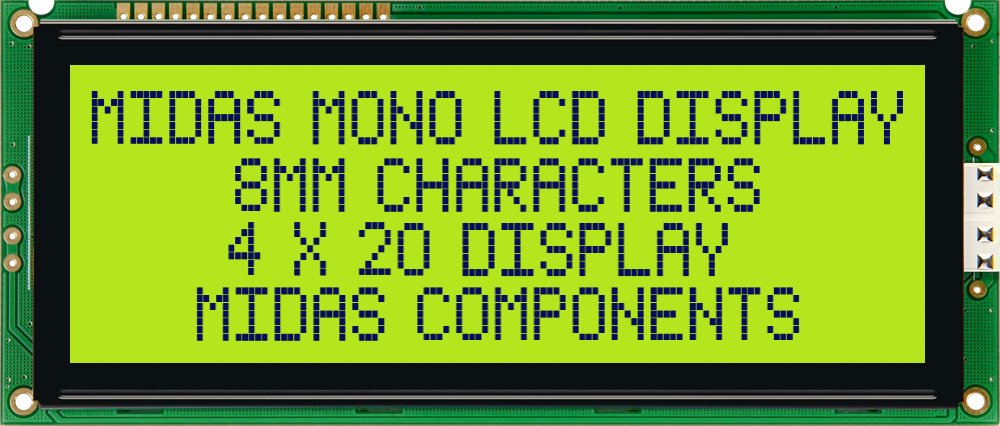 Midas MC42008A6W-SPTLY Alphanumeric LCD Alphanumeric Display, 4 Rows by 20 Characters