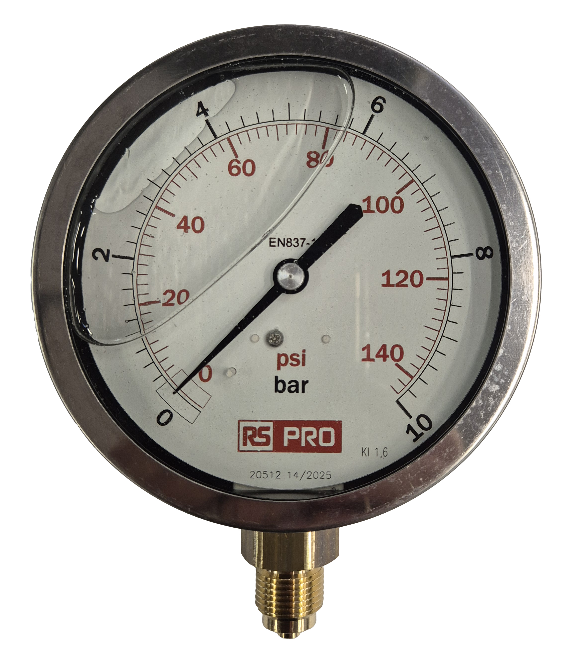 RS PRO BSP 3/8 Analogue Pressure Gauge 10bar Bottom Entry 100mm Outside Diameter