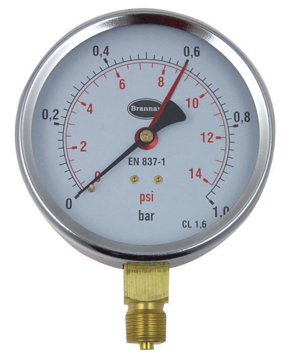 Brannan G 3/8 Analogue Pressure Gauge 1bar Bottom Entry 100mm Outside Diameter