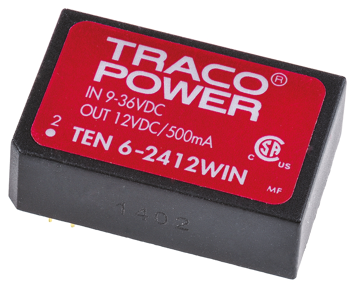 TRACOPOWER TEN 6WIN DC-DC Converter, 12V dc/ 500mA Output, 9 → 36 V dc Input, 6W, Through Hole, +85°C Max Temp