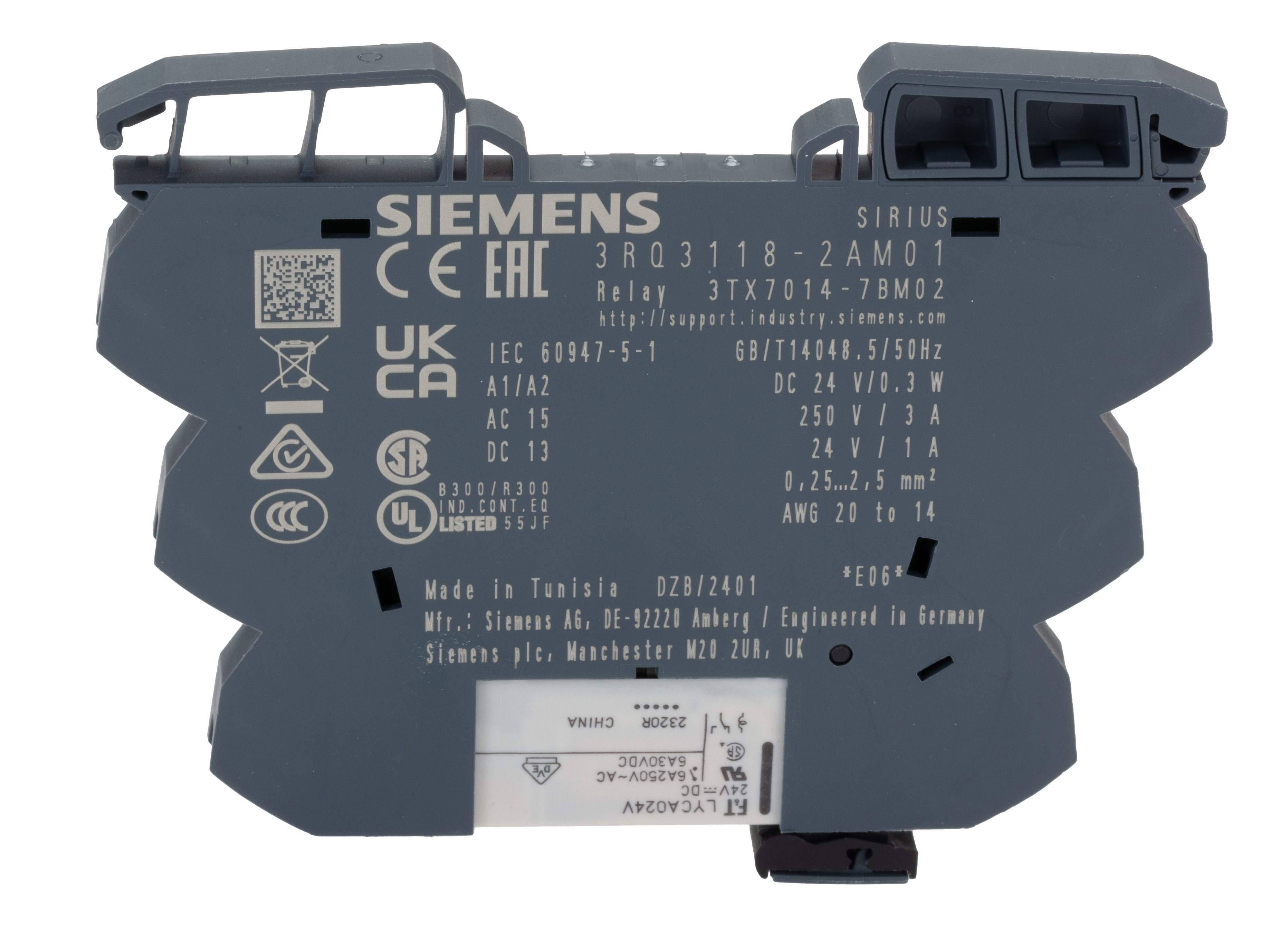 Siemens SIRIUS 3RQ3 Output Coupler with Plug-In Series Relay, Snap-On Rail Mount, 24V dc Coil