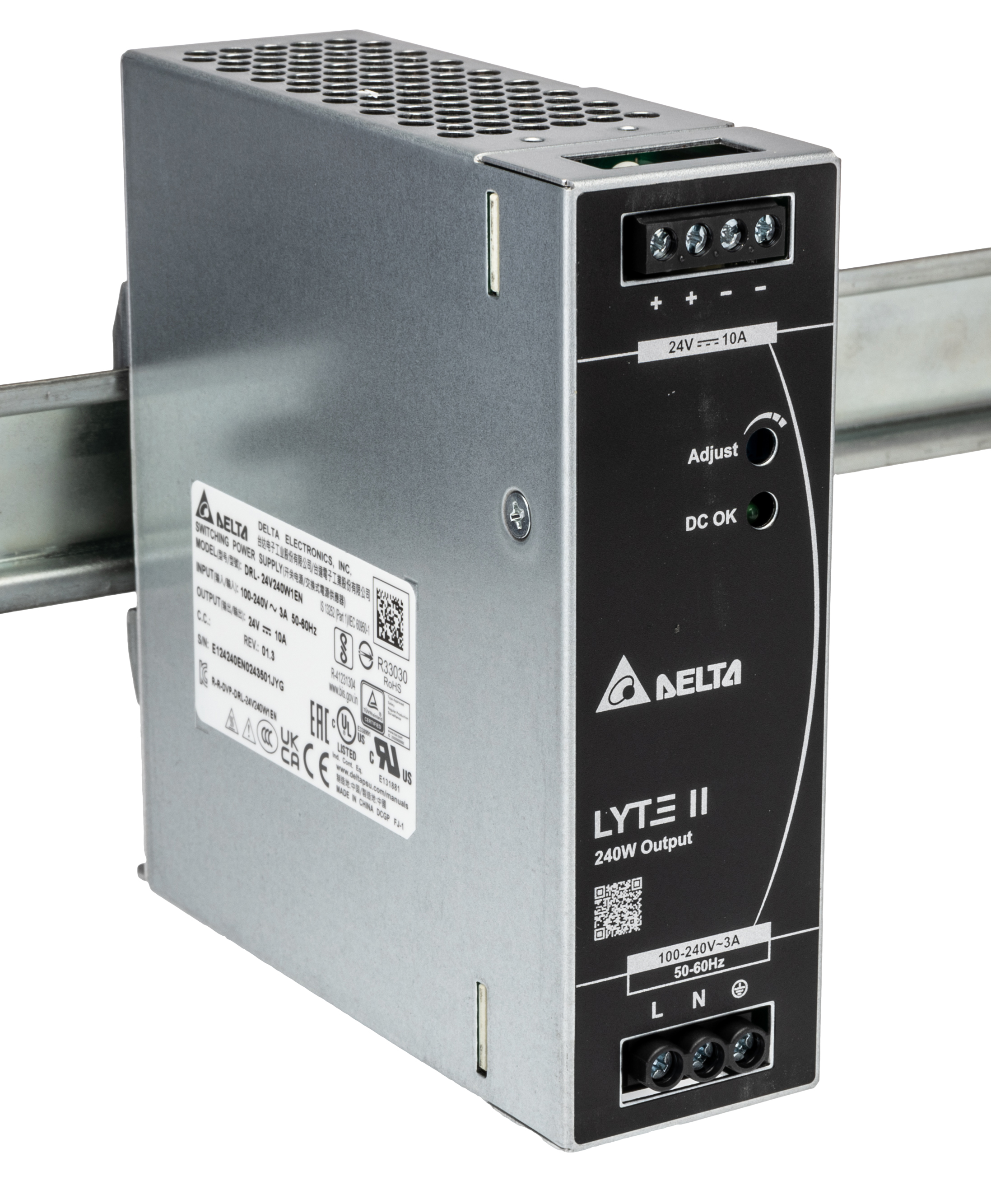 Delta Electronics DRL Switched Mode DIN Rail Power Supply, 90 → 264V ac ac Input, 24V dc dc Output, 10A Output,