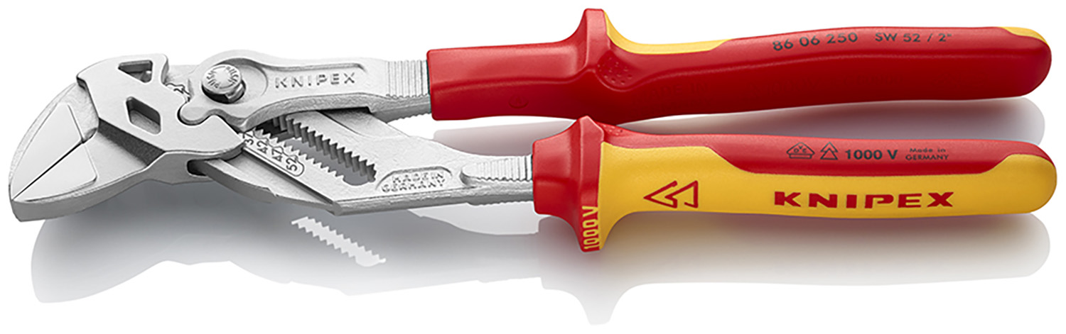Knipex 86 06 Plier Wrench, 250 mm Overall, Angled, Bent, Flat, Straight Tip, VDE/1000V, 52mm Jaw