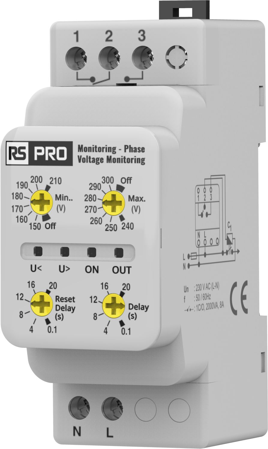 RS PRO Phase, Voltage Monitoring Relay, Single Phase, CO, 270 → 370, 410 → 510V ac, DIN Rail