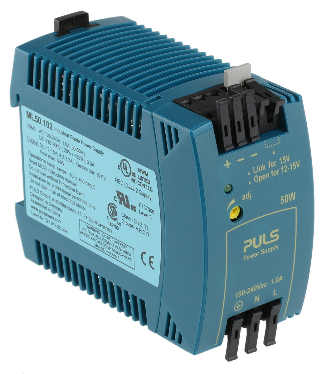 PULS MiniLine MLY Switched Mode DIN Rail Power Supply, 100 → 240V ac ac Input, 15V dc dc Output, 4.2A Output, 50W