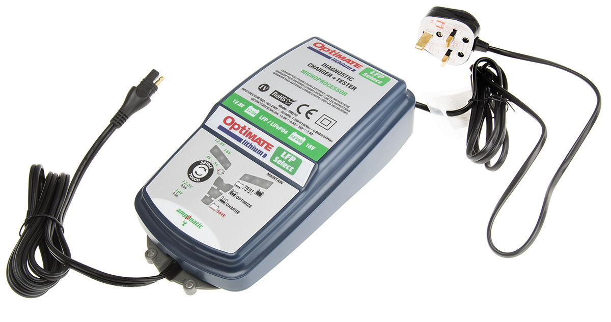 TecMate OptiMate Lithium Select Battery Charger For LiFePO4 12 V 12.8V 7.5A with UK plug