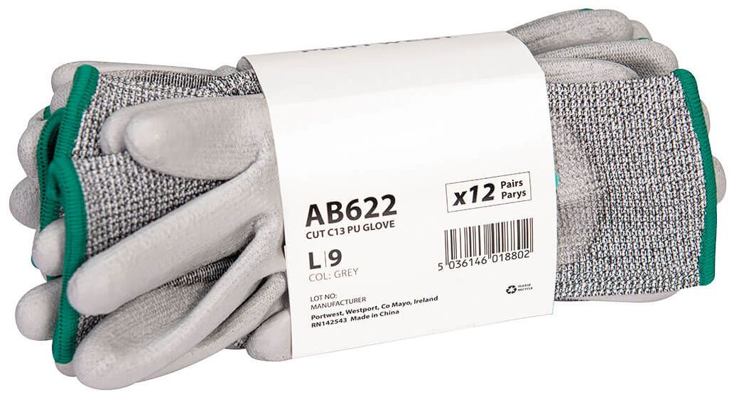 Portwest AB622 - Cut C13 PU Essential Multipack (Pk12) Grey Elastane, Fibreglass, High Performance Polyethylene,