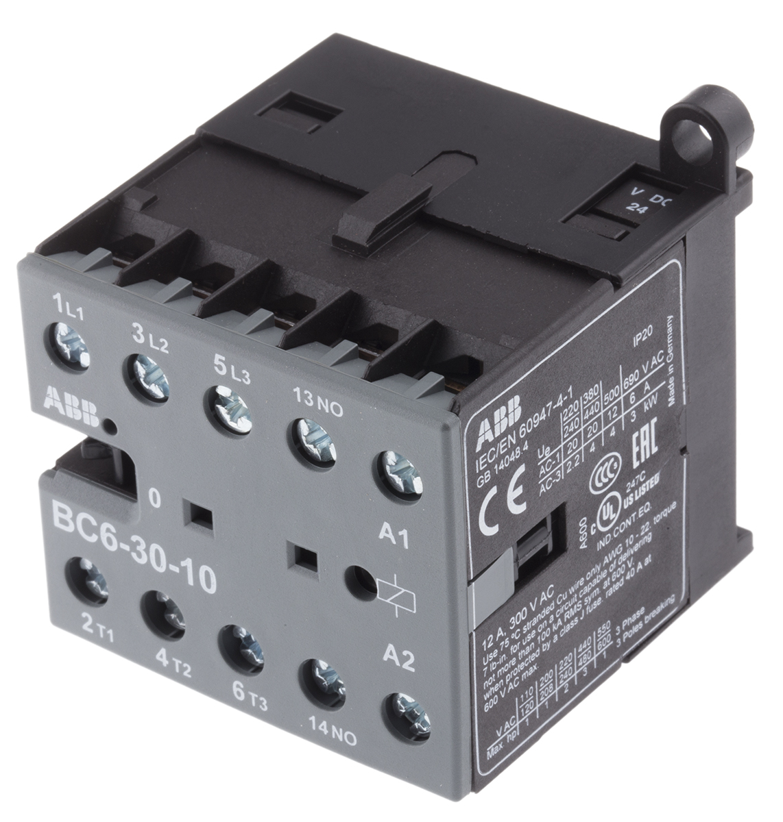 ABB BC6-30-10 B Contactor, 24 V dc Coil, 3-Pole, 9 A, 4 kW, 3NO, 690 V ac