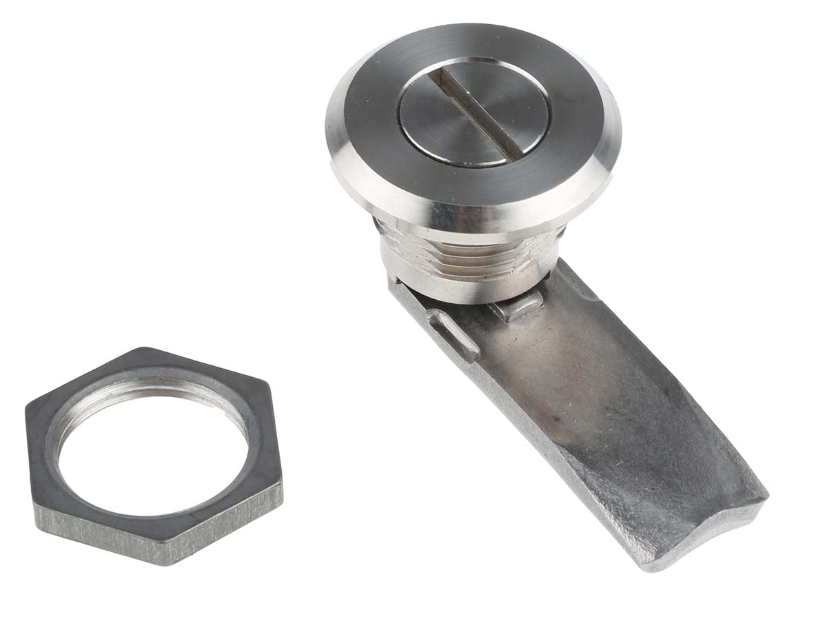 RS PRO Stainless Steel Slotted Head Lock, 18mm Panel-to-Tongue, 20.2 x 22.2mm Cutout, Slotted Head Unlock