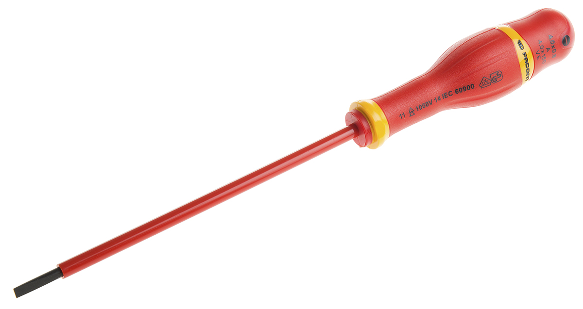 Facom Slotted Insulated Screwdriver, 4 x 0.8 mm Tip, 150 mm Blade, VDE/1000V, 260 mm Overall