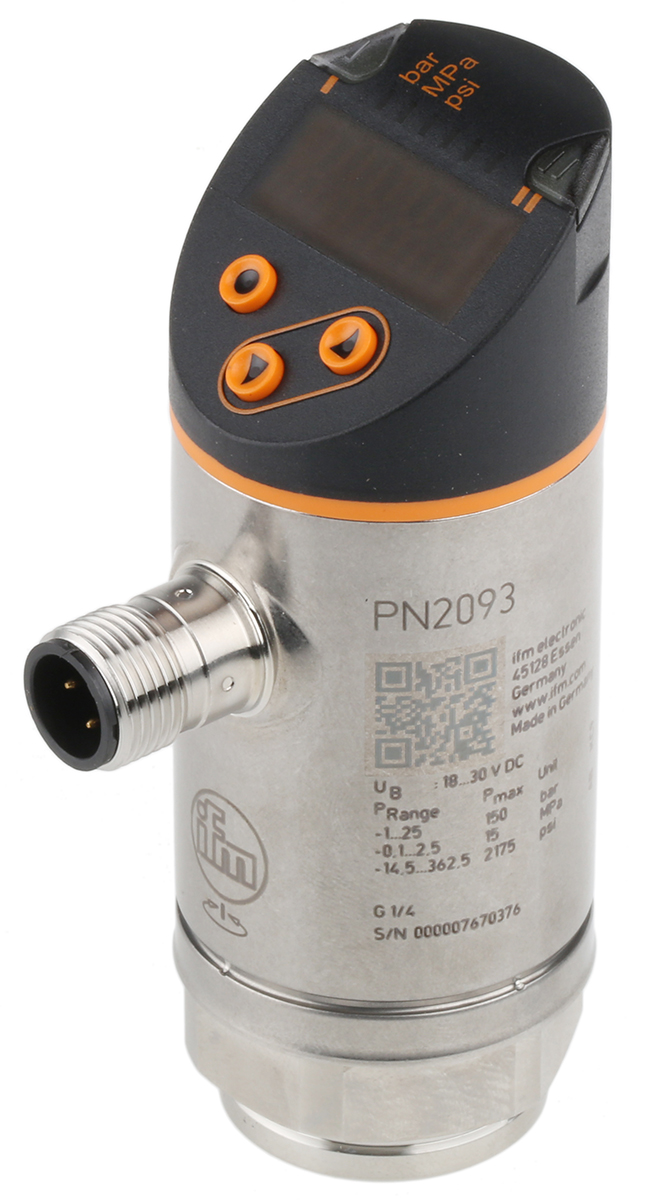 ifm electronic Pressure Sensor, -1bar Min, 25bar Max, Analogue + PNP-NO/NC Programmable Output, Relative Reading
