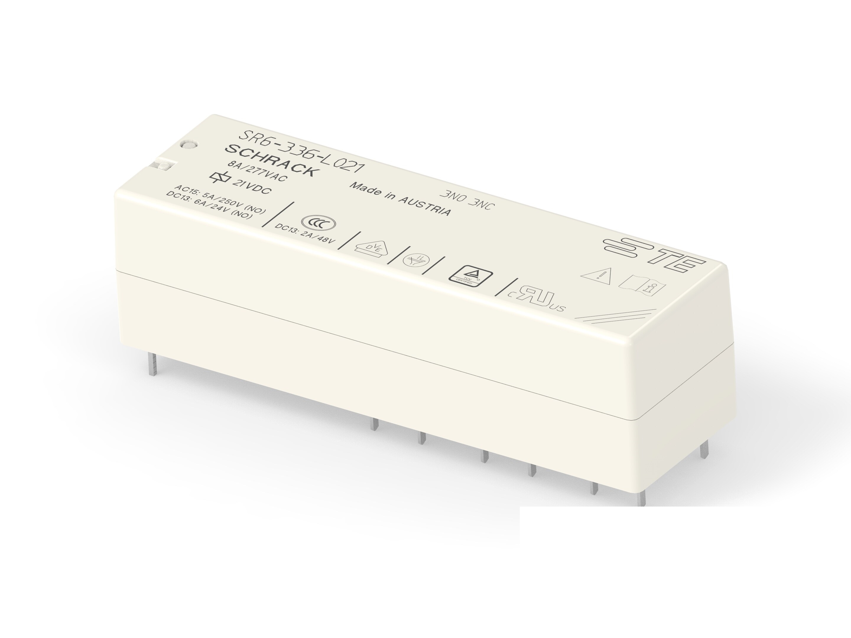 TE Connectivity PCB Mount Force Guided Relay, 21V dc Coil, 8A Switching Current, 3PDT