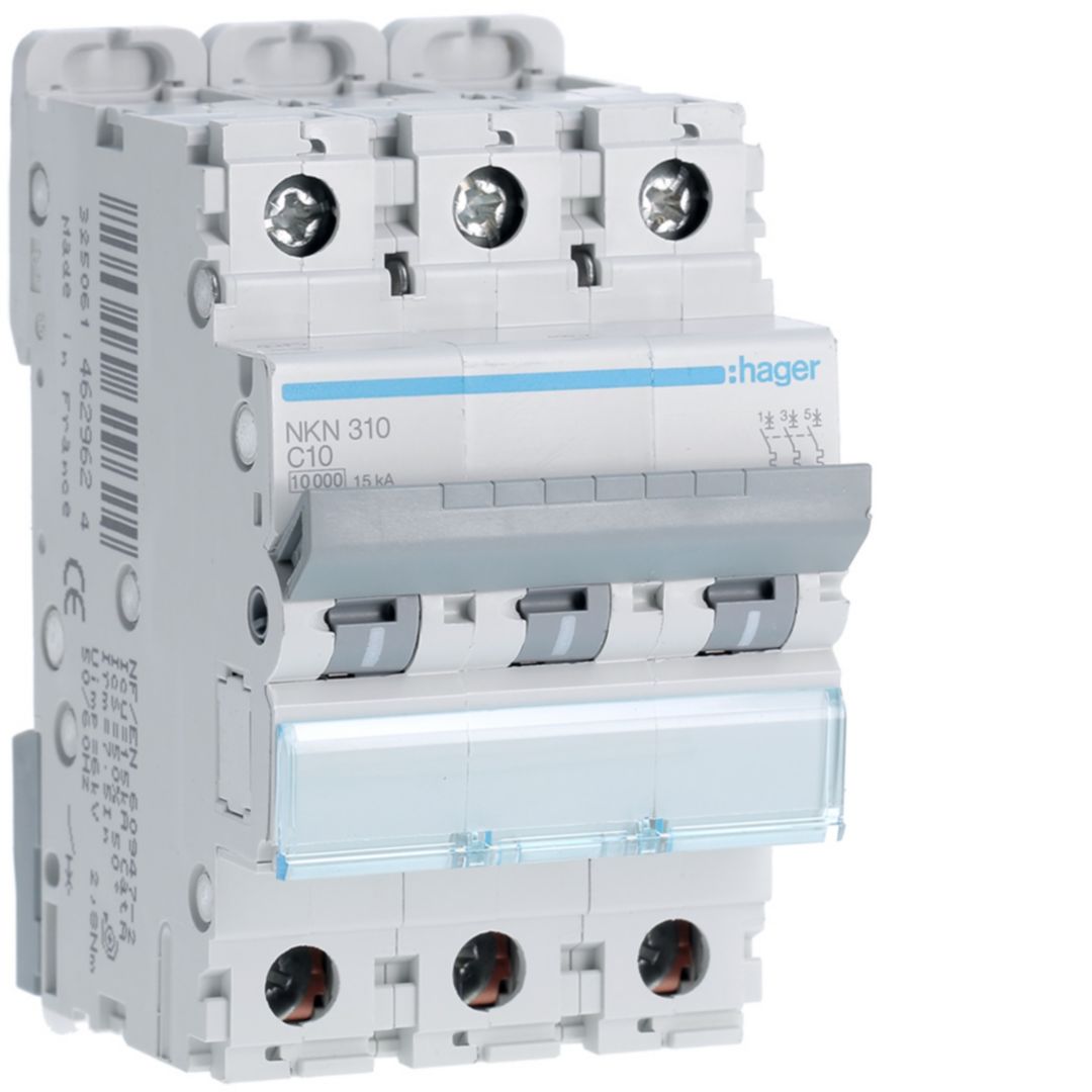 Hager Hager NKN Circuit Breaker, 3P, 10A Curve C, 400V AC, 15 kA Breaking Capacity