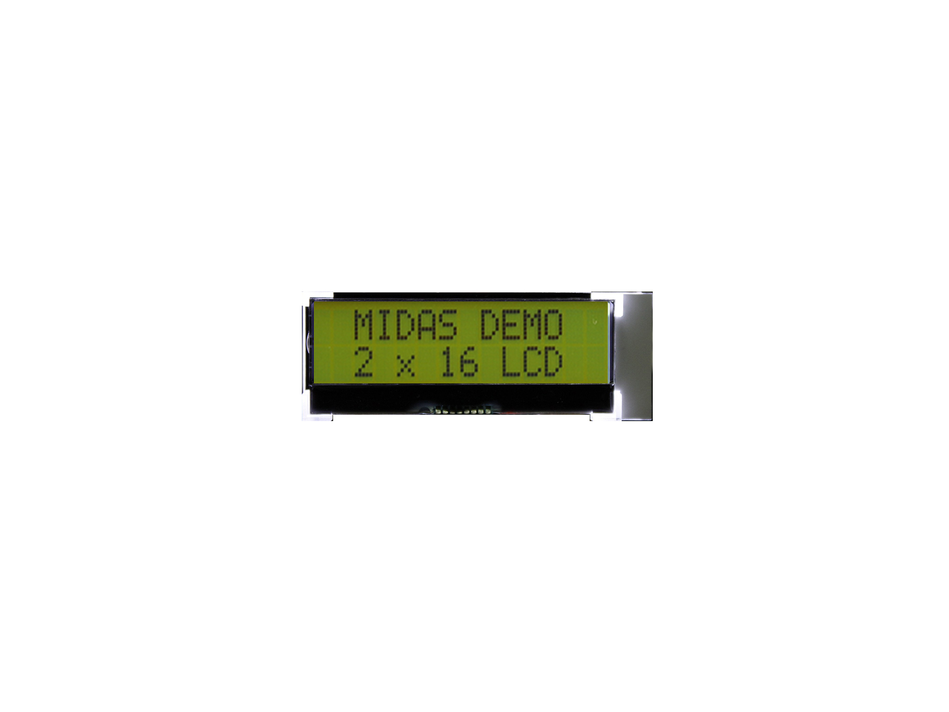 Midas MCCOG21605D6W-SPTLYI Alphanumeric LCD Display Yellow-Green, 2 Rows by 16 Characters, Transflective