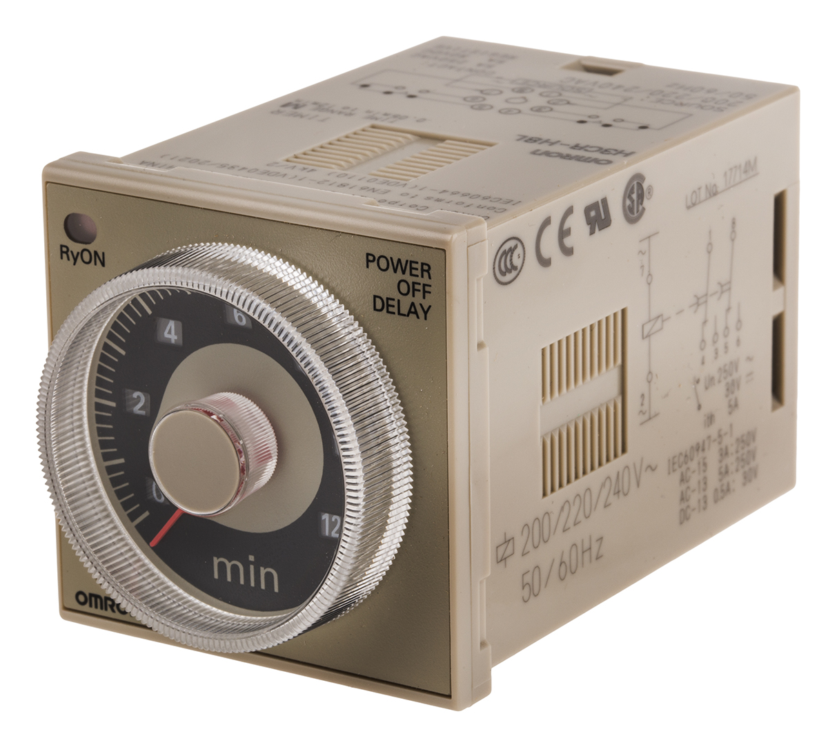 Omron H3CR Series DIN Rail, Panel Mount Timer Relay, 200 → 240V ac, 2-Contact, 0.05 → 12min, 1-Function,