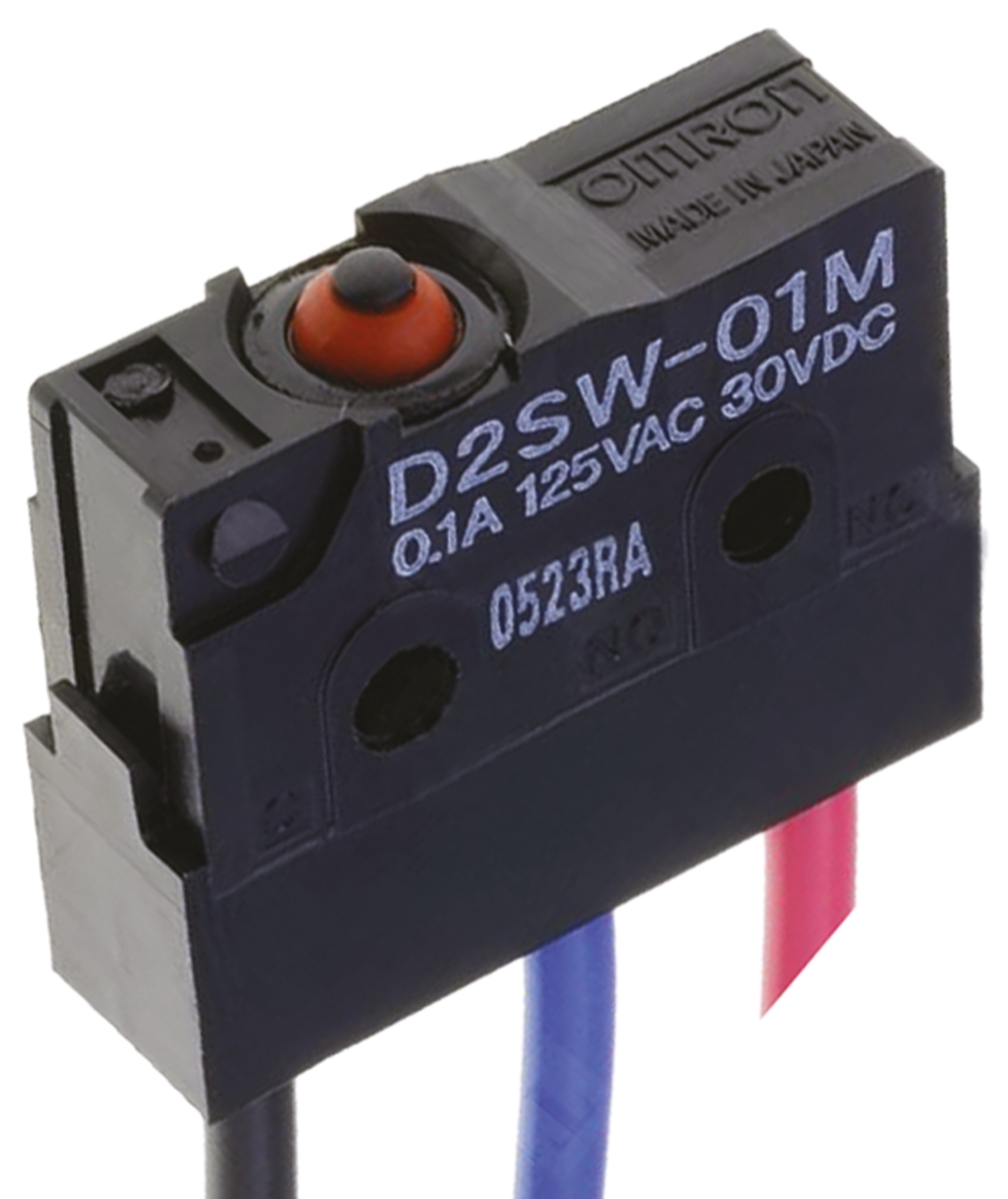 Omron Pin Plunger Micro Switch, Pre-wired Terminal, 100 mA @ 30 V dc, SPDT, IP67