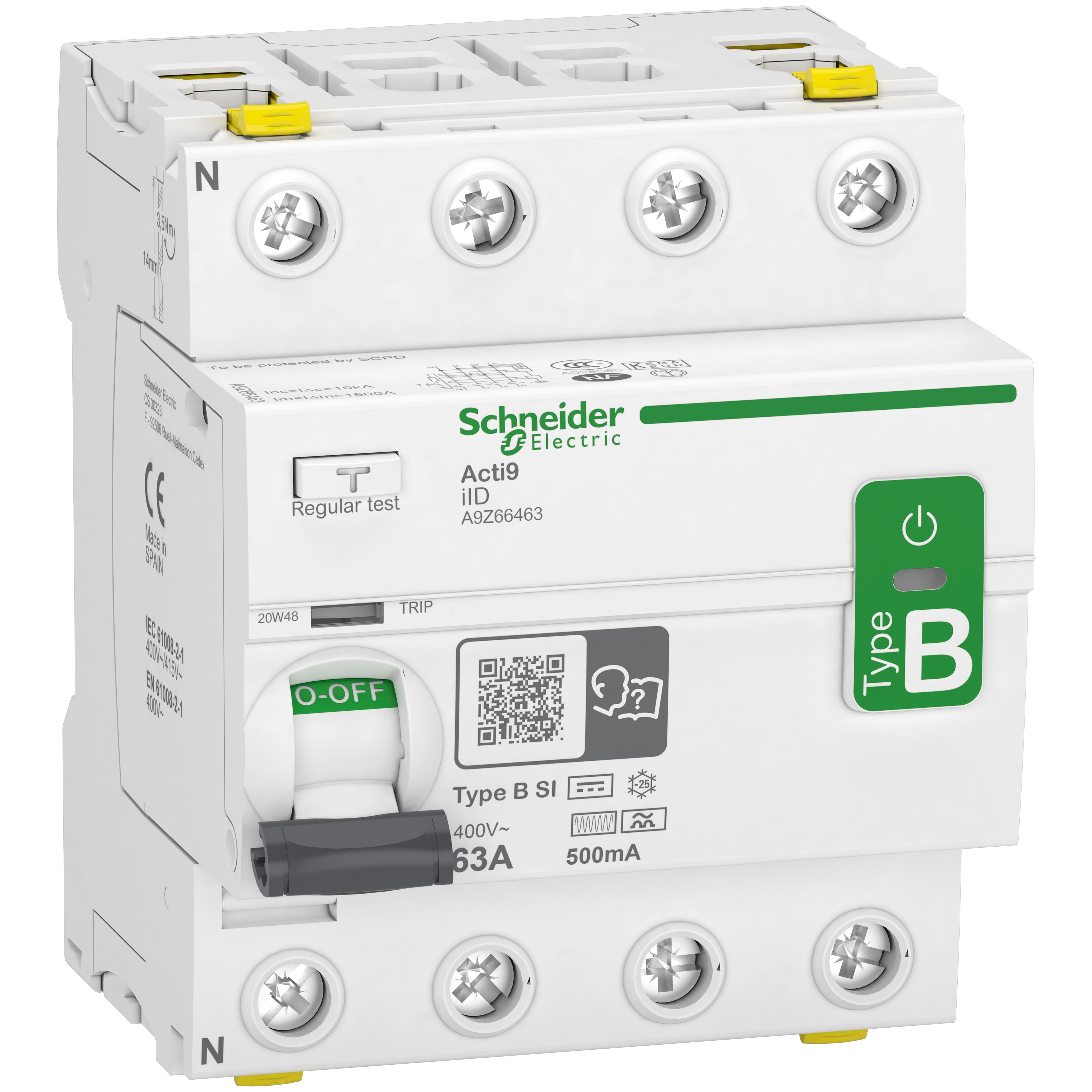 Schneider Electric iID RCCB, 63A, 4 Pole, 500mA, Type B-SI, 400V ac