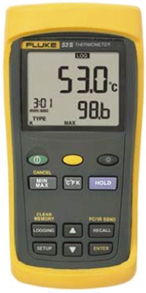 Fluke 53 II Wired Digital Thermometer for Industrial Use, E, J, K, N, R, S, T Probe, 1 Input(s), +1767°C Max, ±0.05 %